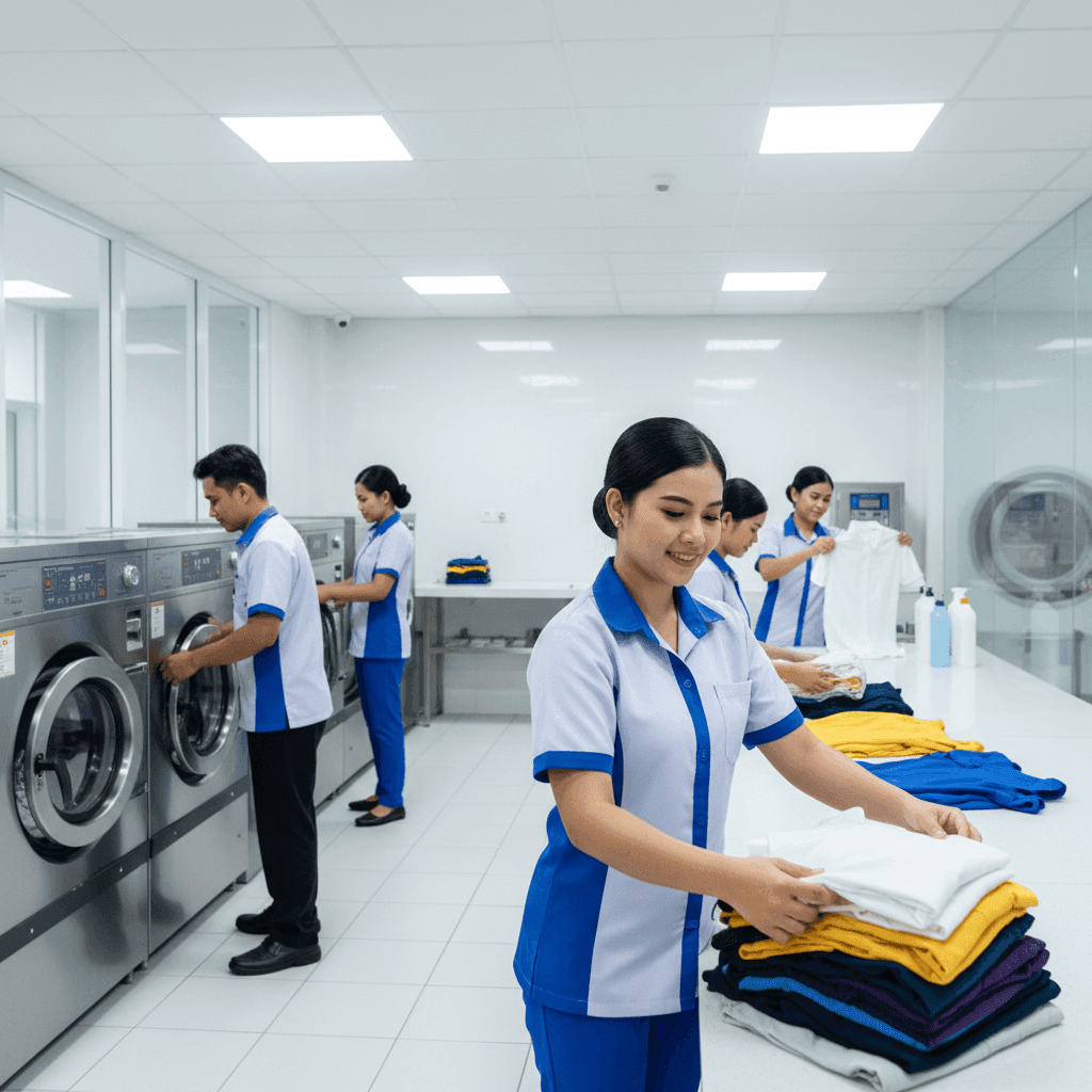 Proses pencucian dan pengemasan AlsyaClean - Tim profesional menangani laundry dengan standar higienis